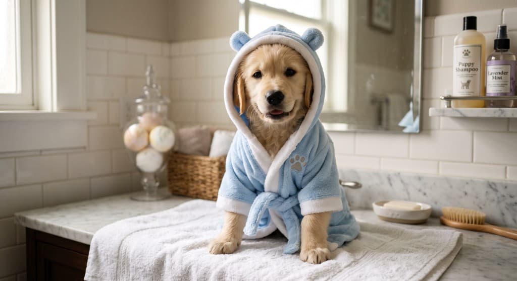 Golden retriever puppy after a bath at Wag Avenue, Great Horkesley